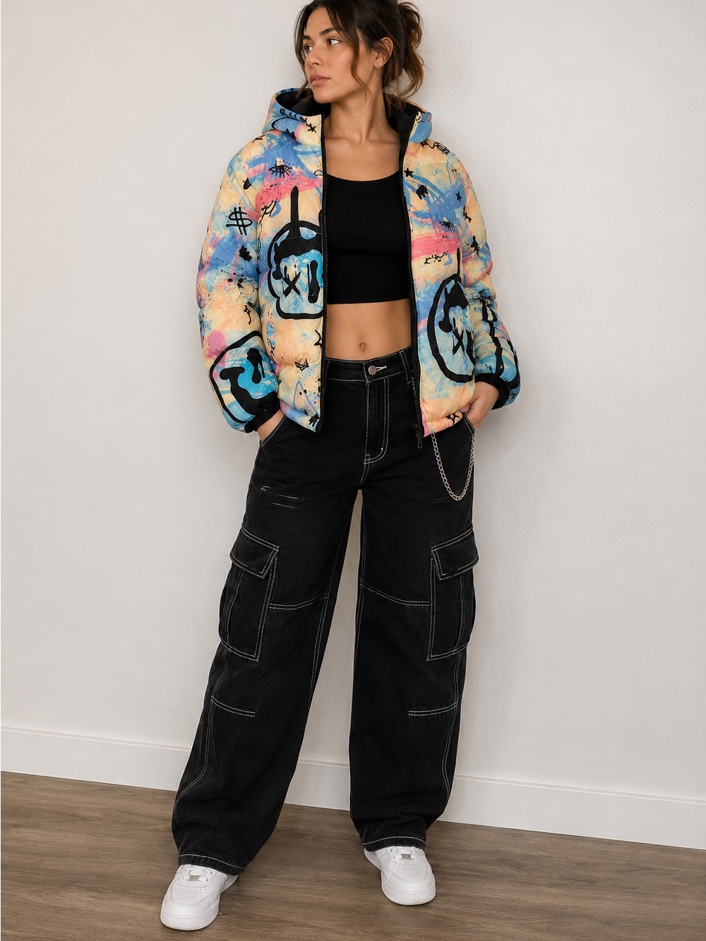 Reason Multicolor Graffiti Hooded Puffer Jacket